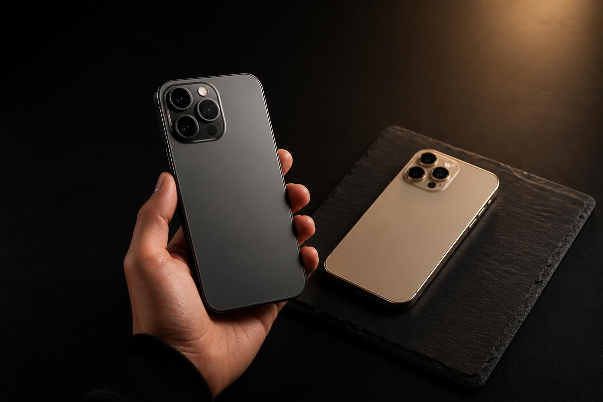 Hand holding an iPhone beside a gold iPhone on slate